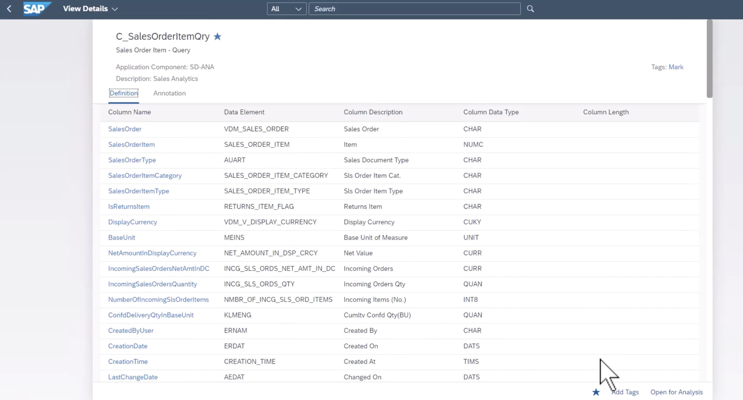 Query browser - sales order item