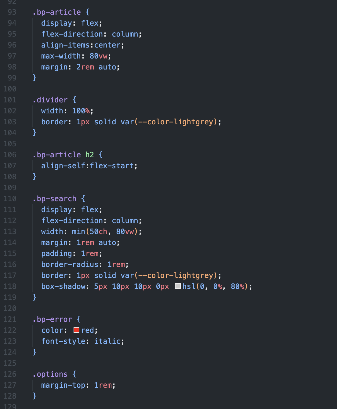 A snippet from the CSS file