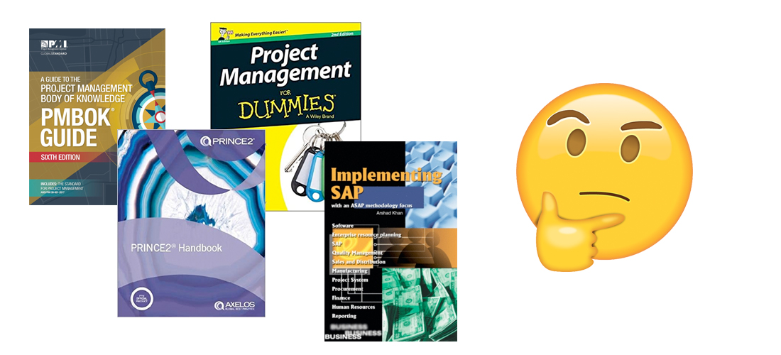 A picture showing several project management books and guides