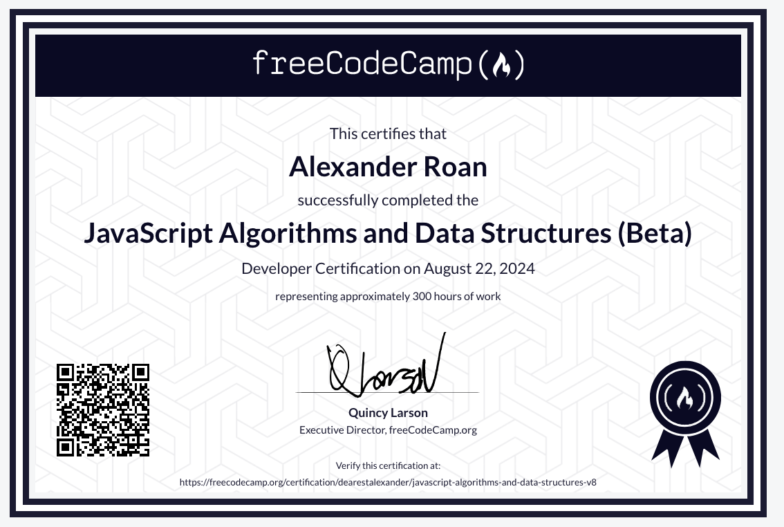 A certificate from freeCodeCamp for the JavaScript Algorithms and Data Structures course