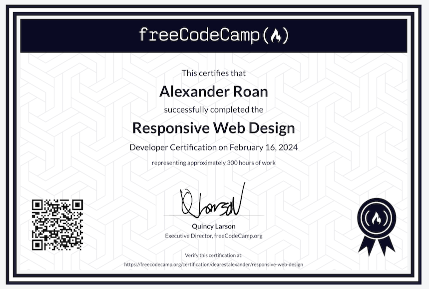 A certificate from freeCodeCamp for the responsive web design course