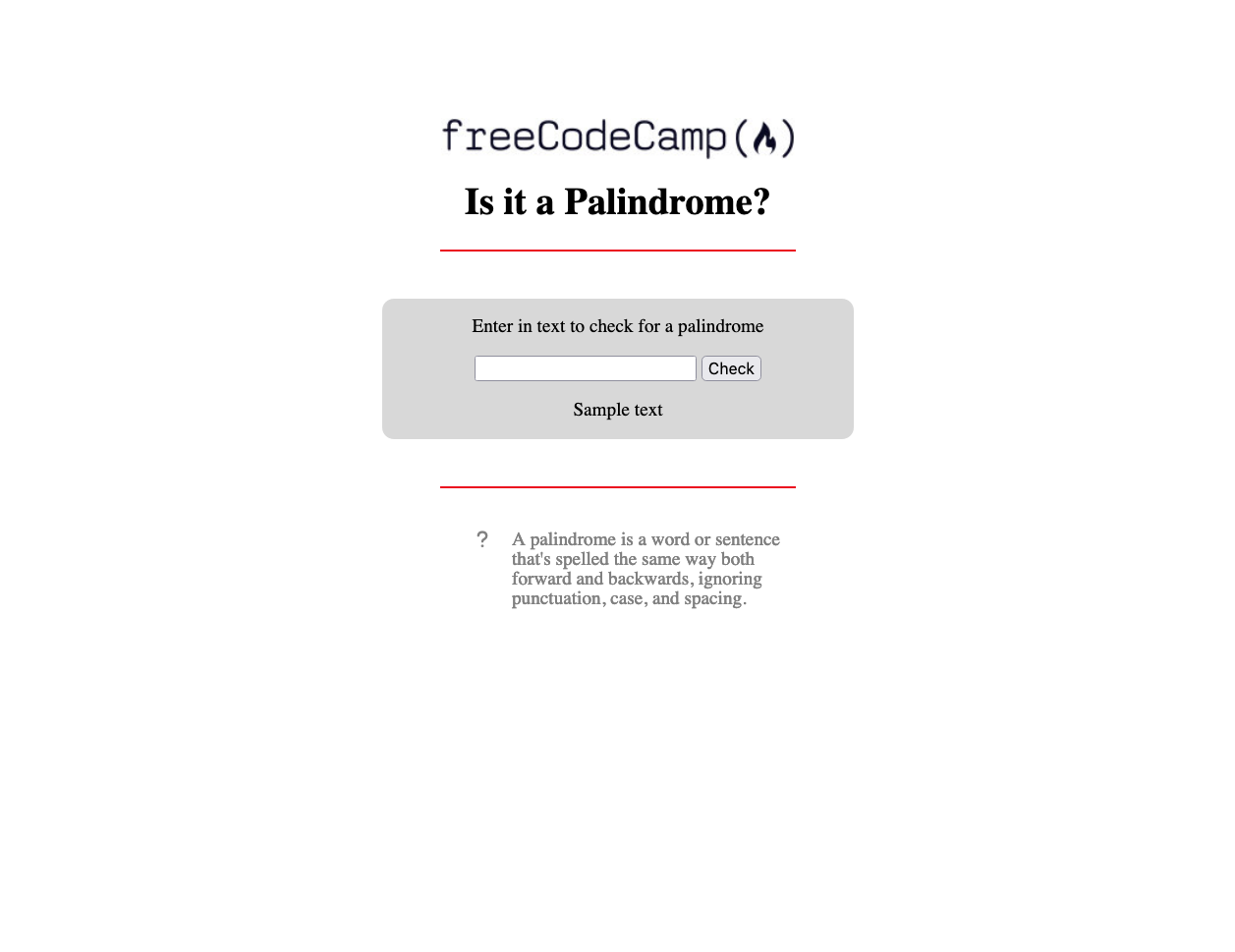 A screenshot of a palindrome checker page